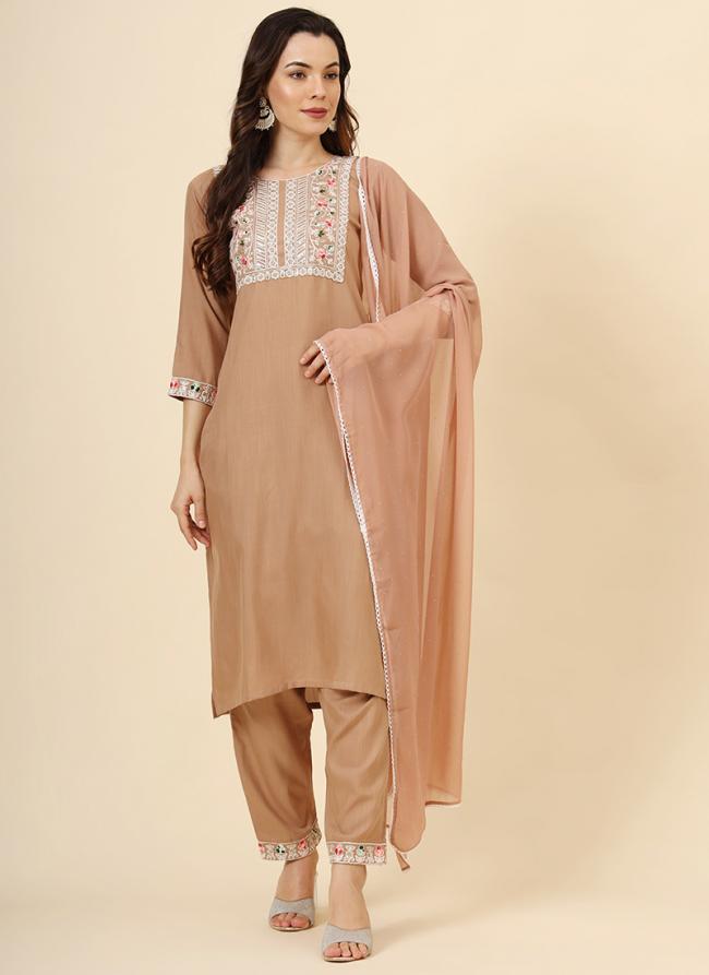 Cotton Peach Casual Wear Embroidery Work Readymade Kurti Set